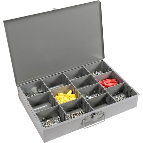 Global Industrial Durham Steel Compartment Box Rack, 20"L x 15-3/4"W x 15"H | Four Adjustable Divider Compartment Boxes, 18"L x 12"W x 3"H Boxes