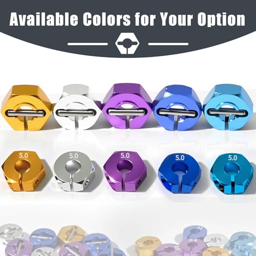 Aluminum 12mm Hex Wheel Hub 4Pcs w/Axle Pin M4 Flange Lock Nut Standard M3 M4 Nut 5mm Thickness Wheel Drive Adapter for 1/10 Traxxas HSP Redcat Rc4wd Tamiya Axial SCX10 WLtoy RC Car(25Pcs) - color: Blue, size: 5.0