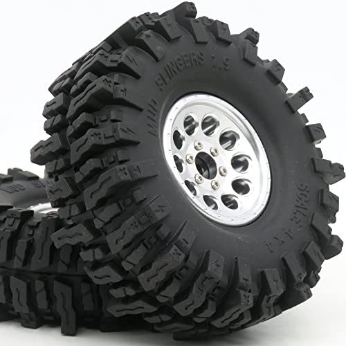 HOBBYSOUL 1.9 Crawler Tires and Wheels 120mm Soft Sticky 1.9 Mud Slingers Tires & 1.9 Beadlock Wheels Silver Rim for 1/10 RC Crawler Traxxas TRX4 Axial SCX10, (4 Pack) - color: Silver