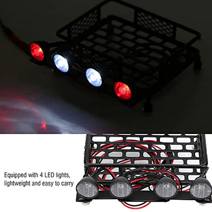 Small Size Roof Rack Luggage Carrier with LED Light Round, RC Roof Rack for Axial SCX10 1/10 RC Car, Metal RC Roof Rack with 4 LED Lights, Lightweight and Durable Accessory for RC (2 White 2)