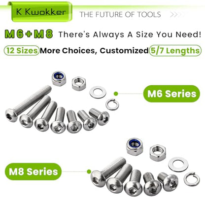 500Pcs M6 M8 Button Head Hex Socket Metric Screws Assortment Kit | 12mm-40mm 304 Stainless Steel Machine Nuts and Bolts with Lock Nut and Washers, M6x1.0 Bolt, M8x1.25, for Equipment Assembly - size: G. M6 M8