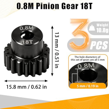 3-Pack Steel Metal 0.8M 5mm Pinion Motor Gear Sets 18T Compatible with HPI Kyosho Losi Axial Tamiya 1/8 1/10 RC Car Monster Truck Buggy, 0.8 Module Gear for Traxxsa Arrma - style: 3Pcs 18T