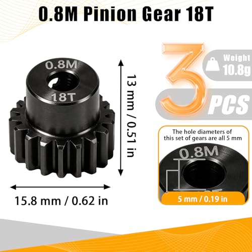 3-Pack Steel Metal 0.8M 5mm Pinion Motor Gear Sets 18T Compatible with HPI Kyosho Losi Axial Tamiya 1/8 1/10 RC Car Monster Truck Buggy, 0.8 Module Gear for Traxxsa Arrma - style: 3Pcs 18T