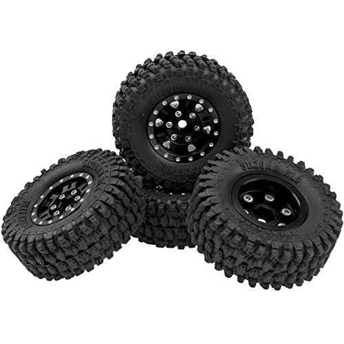 4Pack HIRCQOO 1.0" SCX24 Beadlock Wheels 7mm Hex Wheel Rims & Rubber Crawler Tires Set Compatible with Axial SCX24 1/24 Deadbolt AXI00002 AXI90081 AXI00002V2 RC Crawler Car (Black)