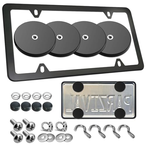 Magnetic License Plate Holder Bracket, Only for Metal Car Bumper | 4 Pack Strong Neodymium Magnet Mount, Rubber Coating, Black Aluminum Frame Screws, For Dealer Temporary Plate - color: Black-Slim edge