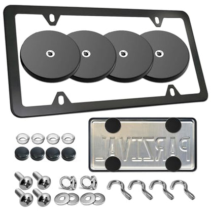 Magnetic License Plate Holder Bracket, Only for Metal Car Bumper | 4 Pack Strong Neodymium Magnet Mount, Rubber Coating, Black Aluminum Frame Screws, For Dealer Temporary Plate - color: Black-Slim edge