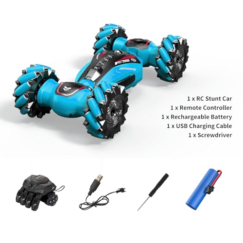 Gesture Sensing RC Stunt Car with Light Music and Mist Spray for Kids 6+, 4WD Off-Road Drift Remote Control Car, 2.4GHz Glove Remote, Rechargeable Toy Vehicle for Boys and Girls Birthday Gift - color: Blue