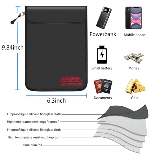 6.3"x9.85" Fireproof Lipo Safe Bag with Fireproof Zipper Fireproof Edge wrapping Fireproof wire,Home Office Travel Safe Storage for Cash Valuables Passport Power bank Lipo Battery (16 * 25cm Black) - size: 16*25cm Black