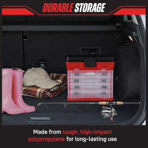 Portable Tool Storage Box - Small Parts Organizer with 4 Multi-Compartment Trays for Fishing Tackle, Hand Tools, or Craft Supplies by Stalwart