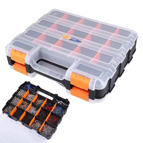 Small Parts Organizer Double Sided Parts Organizer with Removable Dividers 34-Compartments Storage Bins for Hardware, Screws, Nuts, Bolts, Washers, Nails, Fasteners, Tools