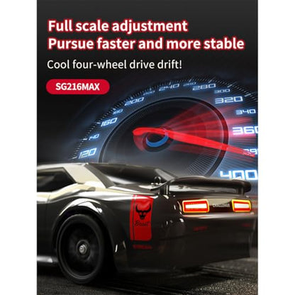 SG216 RC Drift Car, 1/16 Scale Full-Proportional 4WD High-Speed Remote Control Drift Car with 7-Mode LED Lights, Powerful Electronics, Racing Vehicle (Carbon Brush Version/Blue and White) - color: Blue and White