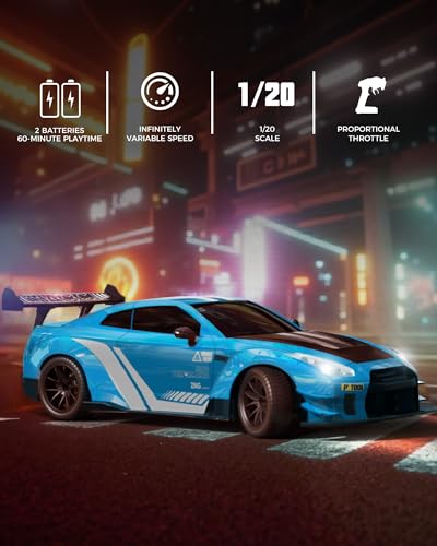 Drift RC Car, 1:20 Scale 2.4GHz 4WD 20KM/H Remote Control Cars | drifting tires & racing tires, 2 batteries, LED lights, proportional throttle control - color: Blue