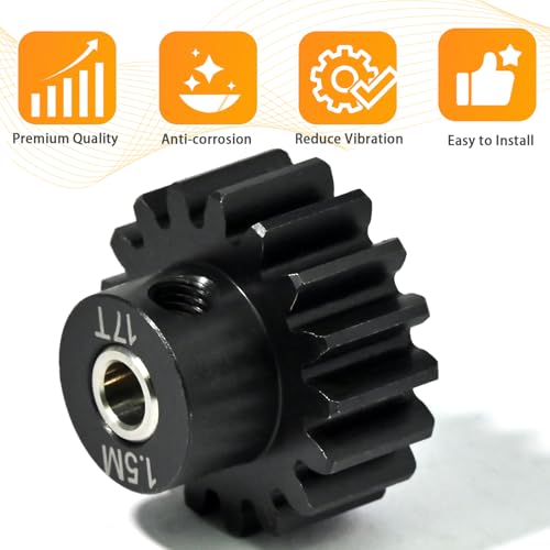 M1.5 17T Pinion Gear 8mm Bore with 8mm to 5mm Shaft Adapter Sleeve, Chromium Steel Motor Gear with Set Screw & Hex Key for Traxxas ARRMA Losi 1/5 1/8 RC Cars - size: 17T