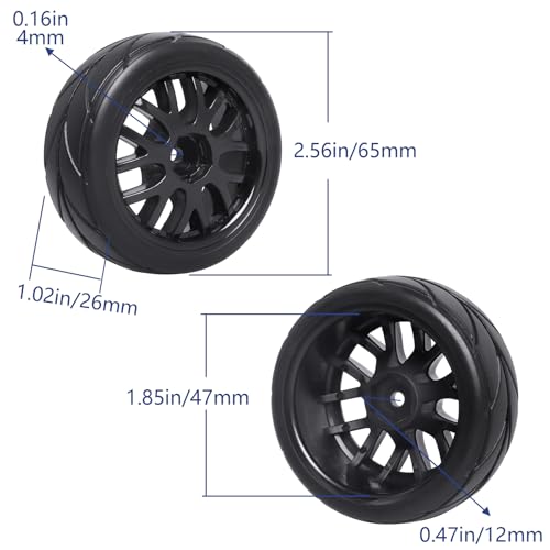12mm Hex 1/10 On-Road Tires & Wheels – 65mm Soft Compound Set with Foam Inserts for Traxxas 4-Tec 2.0 Tamiya TT02 TT01 Drift Cars (4PCS, Unmounted)