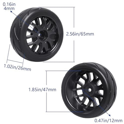 12mm Hex 1/10 On-Road Tires & Wheels – 65mm Soft Compound Set with Foam Inserts for Traxxas 4-Tec 2.0 Tamiya TT02 TT01 Drift Cars (4PCS, Unmounted)
