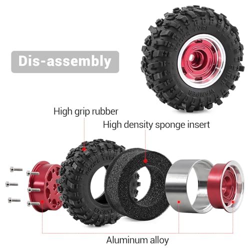 1.0" Beadlock Aluminum Wheels and 51mm Soft Rubber Tires | for SCX24, TRX4M, Ascent 18, FCX24, 1/18 1/24 RC Crawler, 7mm Hex, 0mm Offset, with Foam Inserts, (Red 105) - color: Red 105