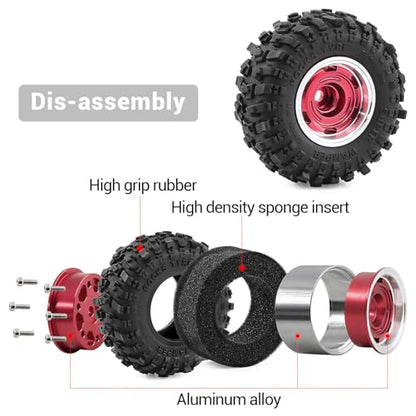 1.0" Beadlock Aluminum Wheels and 51mm Soft Rubber Tires | for SCX24, TRX4M, Ascent 18, FCX24, 1/18 1/24 RC Crawler, 7mm Hex, 0mm Offset, with Foam Inserts, (Red 105) - color: Red 105