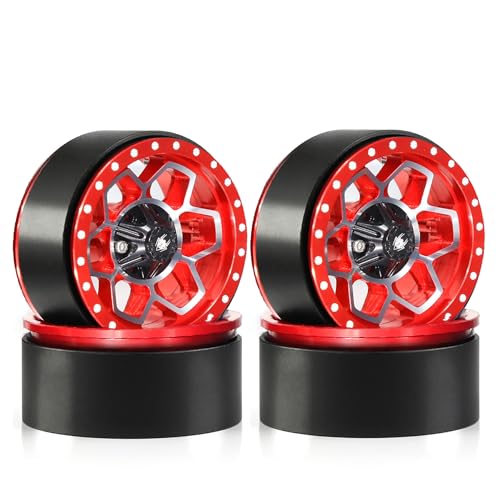 1.9 RC Beadlock Wheels Rims Aluminum Heavy Duty 1/10 Crawler Wheel Hubs For 1:10 Rock Crawler Car Axial SCX10 I II III 90046 TRX4 TRX6 VS4-10 CC01 D90 RC4WD Redcat Gen8 1.9" Tires (Red) - color: Red