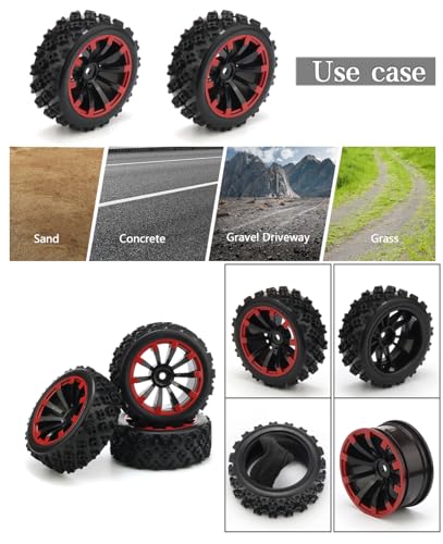4PCS Tires and Wheels Sets for Various Remote-Controlled Cars - 1/10 1/14 Scale RC Crawler Car Upgrades - Black Red Rubber Beadlock Wheels & Rims with 12mm Hex - Enhanced Grip for Off-Road - color: Black & Red