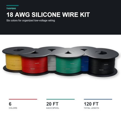 TUOFENG 18awg Silicone Wire, 6 Colors, 20ft Each | Cable Hook up Wire, Silicone Rubber Insulated, Tinned Copper, Flexible, 18 Gauge Wire Set - size: 18 AWG Stranded 6 Colors 20 ft