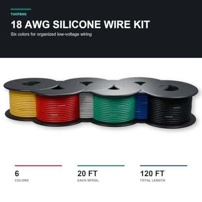 TUOFENG 18awg Silicone Wire, 6 Colors, 20ft Each | Cable Hook up Wire, Silicone Rubber Insulated, Tinned Copper, Flexible, 18 Gauge Wire Set - size: 18 AWG Stranded 6 Colors 20 ft