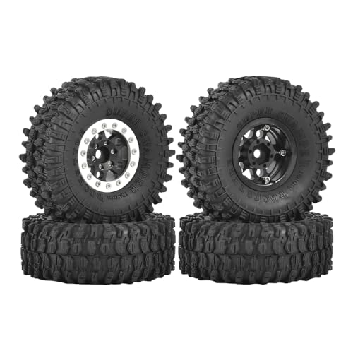 4PCS 1.55 inch Aluminum Metal Beadlock Wheels Rim and 95mm All Terrain Rubber Tires for 1/10 1/12 RC Rock Crawler Car for Axial AX90069 D90 TF2 Tamiya LC70 JIMNY UTB18(5Spoke,Black+Silver) - color: 5spoke,black+silver
