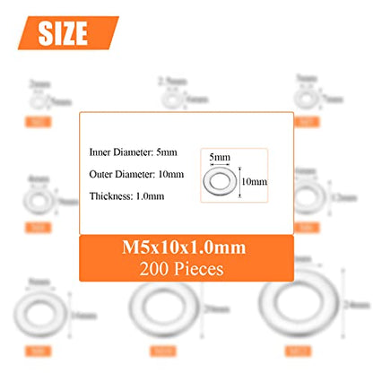 HELIFOUNER 200 Pieces M5 Flat Washers, 304 Stainless Steel, Inner Diameter 5mm, Outer Diameter 10mm, Thickness 1.0mm, Fender Washers, Metal Washers for Screws Bolts - size: M5
