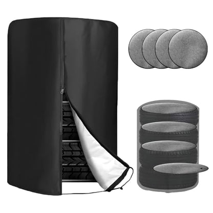 Tire Cover with 4 Felt Pads, Waterproof 420D Oxford Spare Tire Storage Bag with Zipper, Heavy Duty Tyre Stack Dust Protective Cover for Trucks SUVs Trailers, Car Accessories - size: 1pcs with Pads