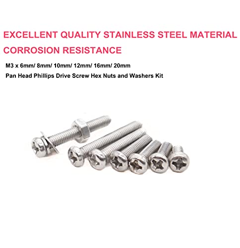 cSeao 420pcs M3 x 6mm / 8mm/ 10mm/ 12mm/ 16mm/ 20mm Pan Head Machine Screws Washers Hex Nuts Assortment Kit, Phillips Drive, 304 Stainless Steel - size: M3