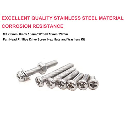 cSeao 420pcs M3 x 6mm / 8mm/ 10mm/ 12mm/ 16mm/ 20mm Pan Head Machine Screws Washers Hex Nuts Assortment Kit, Phillips Drive, 304 Stainless Steel - size: M3