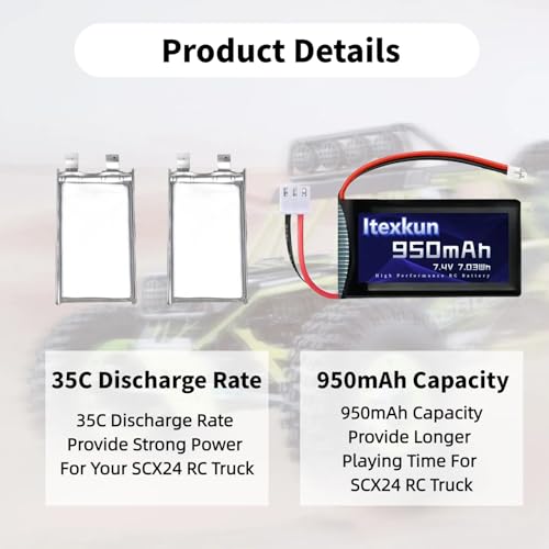 SCX24 Battery 2 PCS 7.4V 950mAh 35C Li-po Batteries with PH2.0 Plug for Axial SCX24 RC Truck with 2S Charger