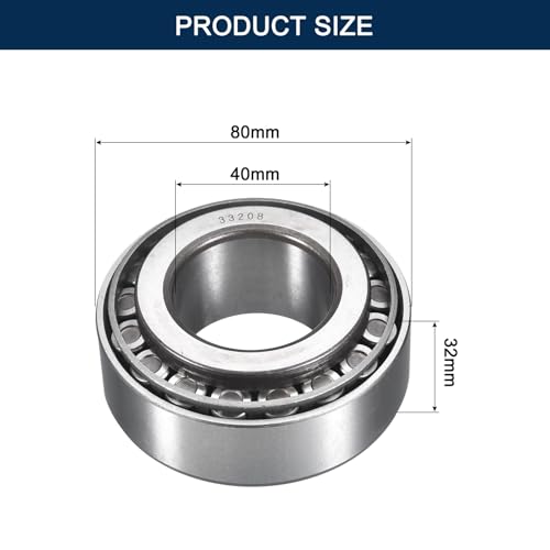 2 Pack 33208 Tapered Roller Bearing Cone and Cup Set | 40mm Bore 80mm OD 32mm Cup Width, Chrome Steel Taper Bearings Set, ABEC-3 - size: 33208