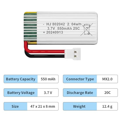 HAWK'S WORK 2 Pcs 3.7V Lipo Battery, 550 mAh Rechargeable Lithium Polymer Battery for RC Plane Helicopter Drone All Models & Toys (MX2.0 Connector) - size: 550mAh-MX2.0