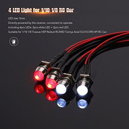OGRC 4Pcs RC LED Lights Kit Accessories RC Headlights/Taillight Kit Accessories for 1/10 1/8 Modes for Traxxas HSP Redcat RC4WD Tamiya ARRMA Axial SCX10 D90 HPI HSP RC Car（2 White+2 Red） | RC Light for Traxxas Tamiya ARRMA HSP Redcat Axial SCX10 1/10 RC C