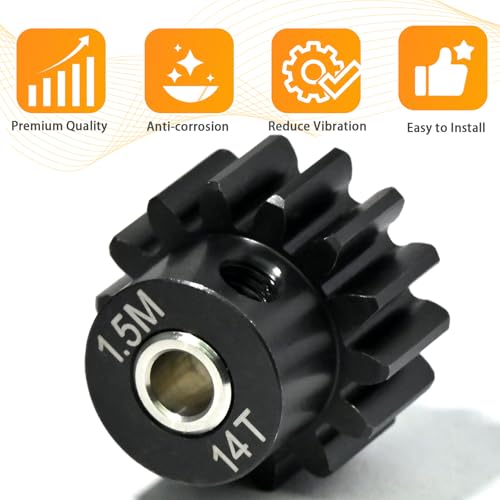 M1.5 14T Pinion Gear 8mm Bore with 8mm to 5mm Shaft Adapter Sleeve, Chromium Steel Motor Gear with Set Screw & Hex Key for Traxxas ARRMA Losi 1/5 1/8 RC Cars - size: 14T