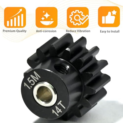 M1.5 14T Pinion Gear 8mm Bore with 8mm to 5mm Shaft Adapter Sleeve, Chromium Steel Motor Gear with Set Screw & Hex Key for Traxxas ARRMA Losi 1/5 1/8 RC Cars - size: 14T