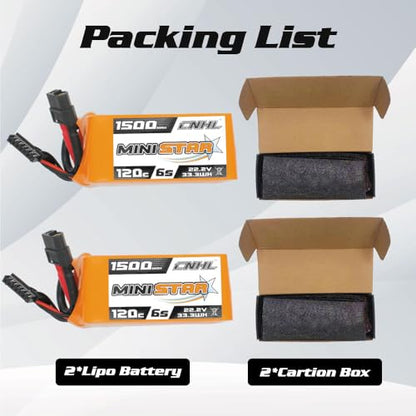 CNHL 1500mAh 6S LiPo Battery 22.2V 120C with XT60 Plug (2 Packs) | High discharge RC battery for FPV racing drones, freestyle quadcopters, RC helicopters, and airplane models.