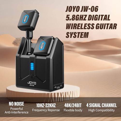 JOYO 5.8GHz Wireless Guitar System Transmitter and Receiver with Charging Case, 18H Battery life, 48kHz/24Bit, Low Latency, 4 Channels, Plug & Play for Electric Guitar & Bass (JW-06) - style: 5.8Ghz with Charging