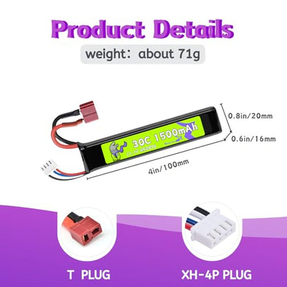 11.1V 452096 1500mAh 30C T Plug Stick Battery for Airsoft Toy Gun AK47 MP5K MP5 Scar M249 AUG AEG M4,M110, SR25,M240B,M60,G36,M14,RPK,PKM,L8 with Mini Tamiya