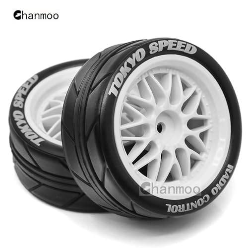 1/10 RC On Road Tires And Plastic Rally Wheels 12mm Hex Drift Tyres For 1:10 Scale Racing Touring Street Car Tamiya TT01 TT02 XV01 TA06 A959 144001 HPI KYOSHO HSP PTG2 Traxxas 4PCS (White) - color: White