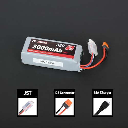 RCAWD 11.1V Lipo Battery 3S 35C 3000mAh with JST Plug IC2 Connector 3S 11.1V 1.6A Charger for Arrma Grom Mojave Typhon BLX Series Upgrades Part