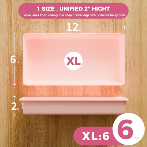 [6 PCS Extra-Large] Pink Drawer Organizer Trays with Non-Slip Pads, Interlocking Storage Bins for Vanity, Desk, Bathroom, Kitchen, Home Office and Utility Drawers - color: 6PCS PINK(XL)
