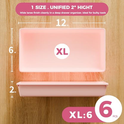 [6 PCS Extra-Large] Pink Drawer Organizer Trays with Non-Slip Pads, Interlocking Storage Bins for Vanity, Desk, Bathroom, Kitchen, Home Office and Utility Drawers - color: 6PCS PINK(XL)