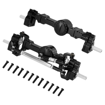 Metal Front & Rear Portal Axle Assembly Set for WPL C14 C24 B14 B24 B16 B36 C64 C64-1 C74 C74-1, Aluminum Axle Housing with Steel Gears, Steering Cups Tie Rods, 5mm RC Upgrade Parts (Black) - color: Black