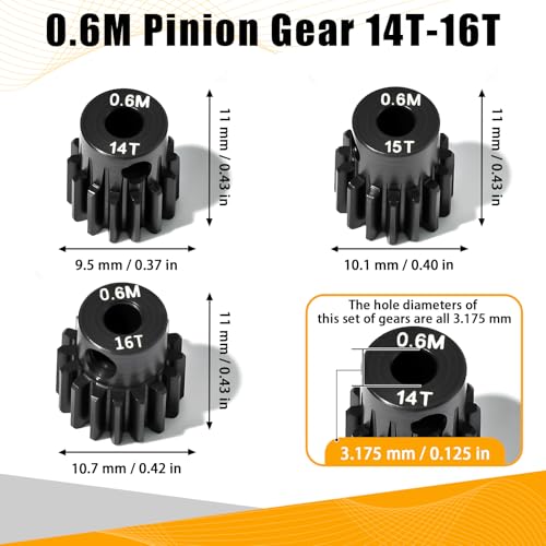 3PCS 0.6M Hardened Steel Pinion Gear Set with 3.175mm Shaft, 0.6 Metric Pitch 14T 15T 16T Pinion Gears for 540 550 Brushed Brushless Motor, Compatible with 1/10 Tamiya Redcat HSP HPI RC Car - size: 14 15 16T