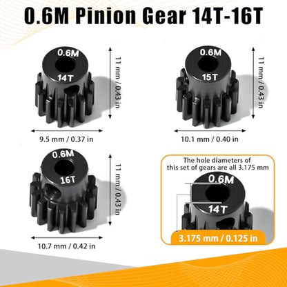 3PCS 0.6M Hardened Steel Pinion Gear Set with 3.175mm Shaft, 0.6 Metric Pitch 14T 15T 16T Pinion Gears for 540 550 Brushed Brushless Motor, Compatible with 1/10 Tamiya Redcat HSP HPI RC Car - size: 14 15 16T