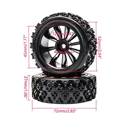4PCS Tires and Wheels Sets for Various Remote-Controlled Cars - 1/10 1/14 Scale RC Crawler Car Upgrades - Black Red Rubber Beadlock Wheels & Rims with 12mm Hex - Enhanced Grip for Off-Road - color: Black & Red