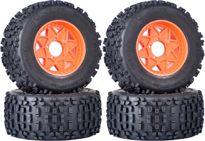 3.8" MT Monster Truck Tires with Foam Insert - 17mm/14mm/12mm Hex Adapters Included, Compatible with TRAXXAS Sledge, ARRMA KRATON, Outcast, Tamiya, HSP (Set of 4), Replacement Part of AR510092 - color: Orange Rim, size: 8