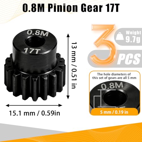 3-Pack Steel Metal 0.8M 5mm Pinion Motor Gear Sets 17T Compatible with HPI Kyosho Losi Axial Tamiya 1/8 1/10 RC Car Monster Truck Buggy, 0.8 Module Gear for Traxxsa Arrma - style: 3Pcs 17T