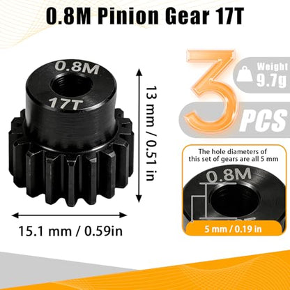 3-Pack Steel Metal 0.8M 5mm Pinion Motor Gear Sets 17T Compatible with HPI Kyosho Losi Axial Tamiya 1/8 1/10 RC Car Monster Truck Buggy, 0.8 Module Gear for Traxxsa Arrma - style: 3Pcs 17T